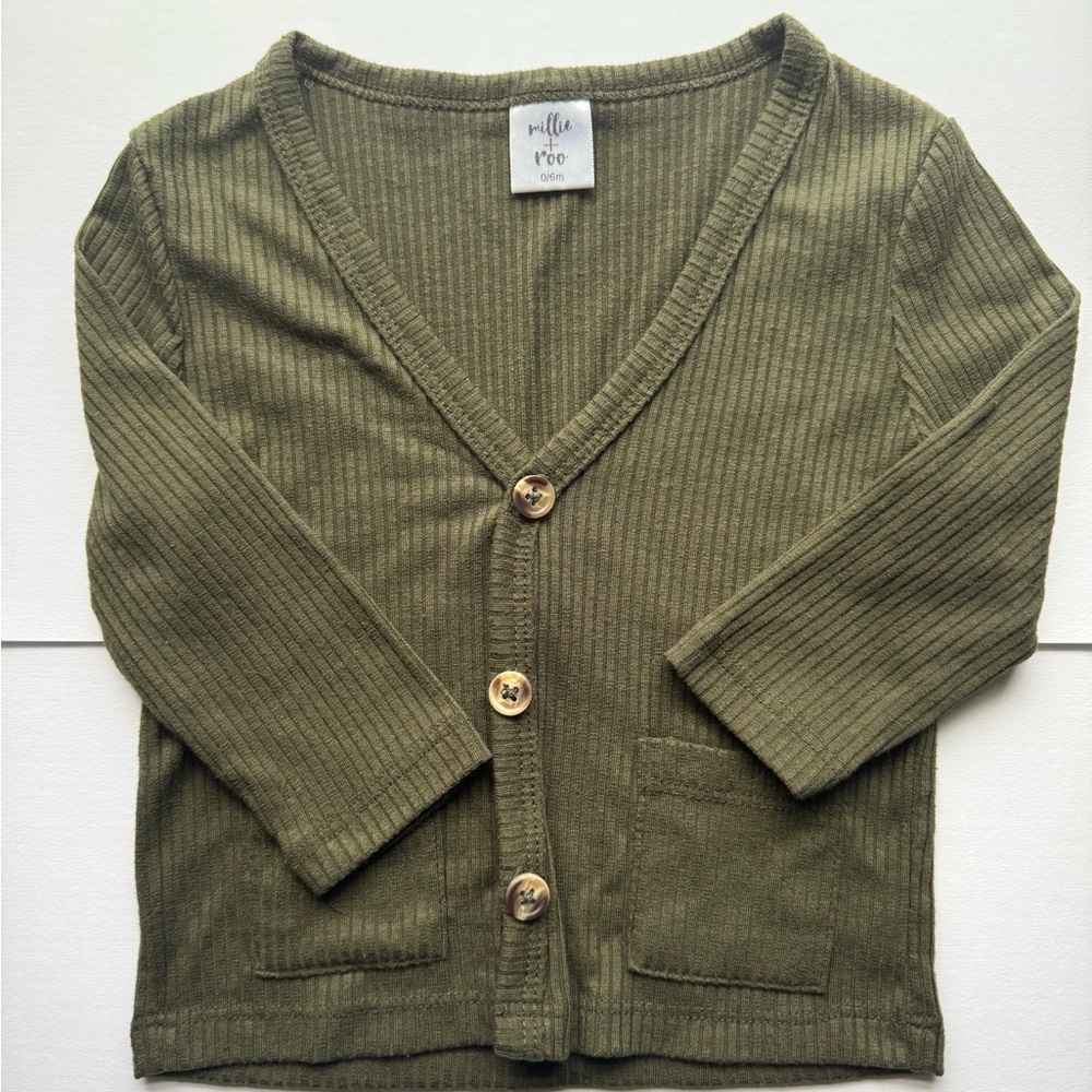 Millie & Roo Olive Green Ribbed Kids Cardigan